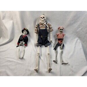 Posable Skeleton Decor in Striped Knit Shirt & Denim Overalls